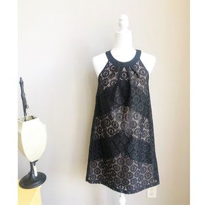 Maggy London Lace Chevron Dress with Nude Underlay Size 6